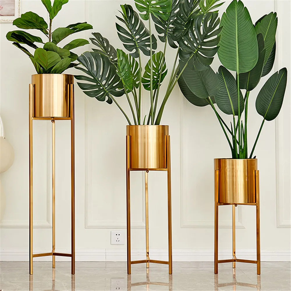 Luxury Golden Metal Flower Pot, Indoor Big Green Plant Stander, Living Room Flower Arrangement, Metal Home Decoration