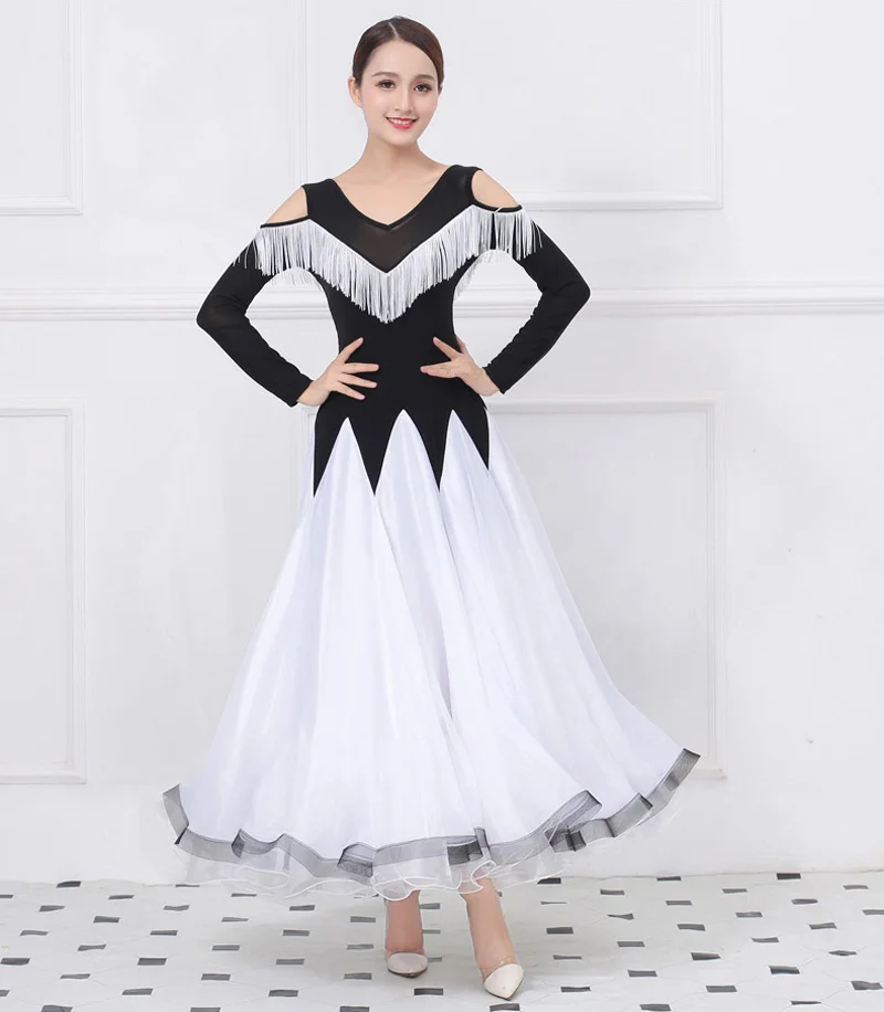 Tiêu Chuẩn Phòng Khiêu Vũ Điệu Nhảy Đầm 2023 Phụ Nữ Tango Flamenco Waltz Nhảy Múa Váy Nữ Cổ Chữ V Tua Rua Bóng Thi Đấu Áo