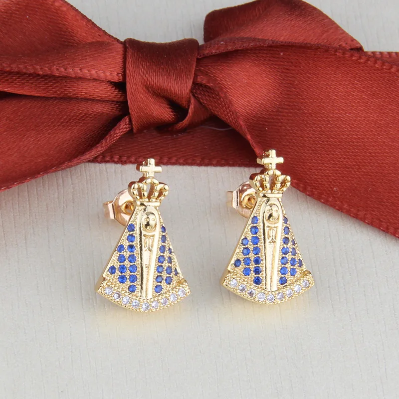 Micro Paved CZ Virgin Mary Stud Earrings Catholic Our Lady of Aparecida Earings For Women Ear Brincos Gift
