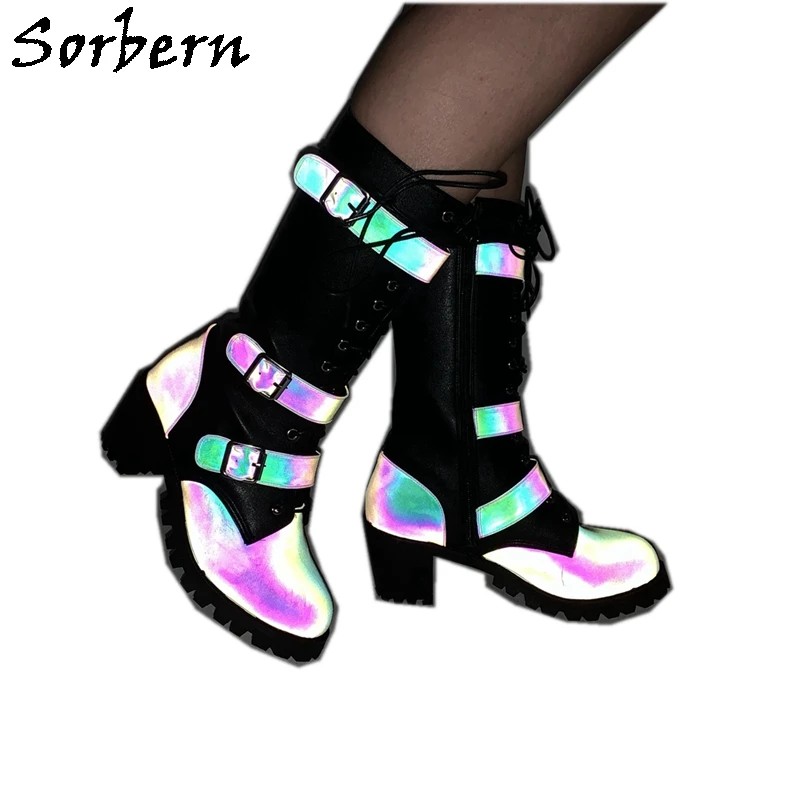 

Sorbern Reflective Boots Women Hoof Heels Rubber Sole Punk Style Boots Unisex Big Size Mid Calf High Western Boots Customized