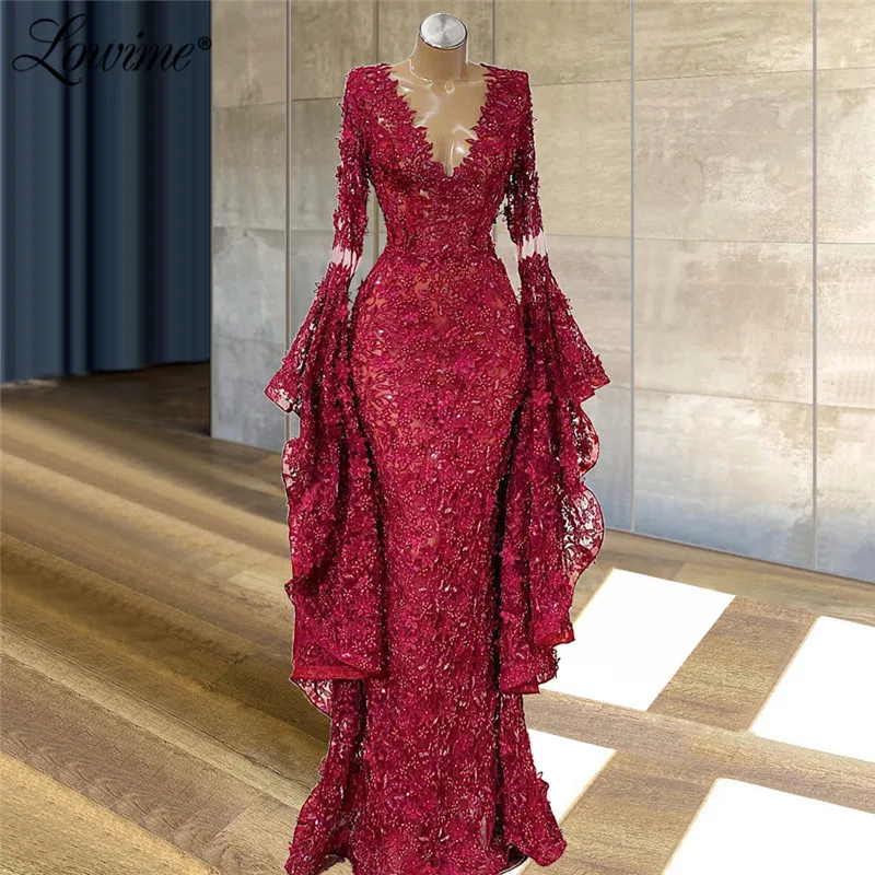 Lowime Celebrity Dresses Long Burgundy Evening Dresses 2021 Elegant Evening Wear Dubai Women Party Gowns Lace Prom Dress Robes