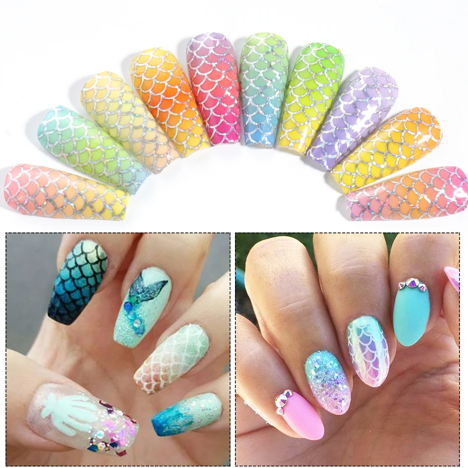 10Pcs Mermaid Nail Folies Gradiënt Vis Schaal Nail Art Decorations Holografische Zelfklevende Papier Golf Ontwerp Manicure Decals LE9114