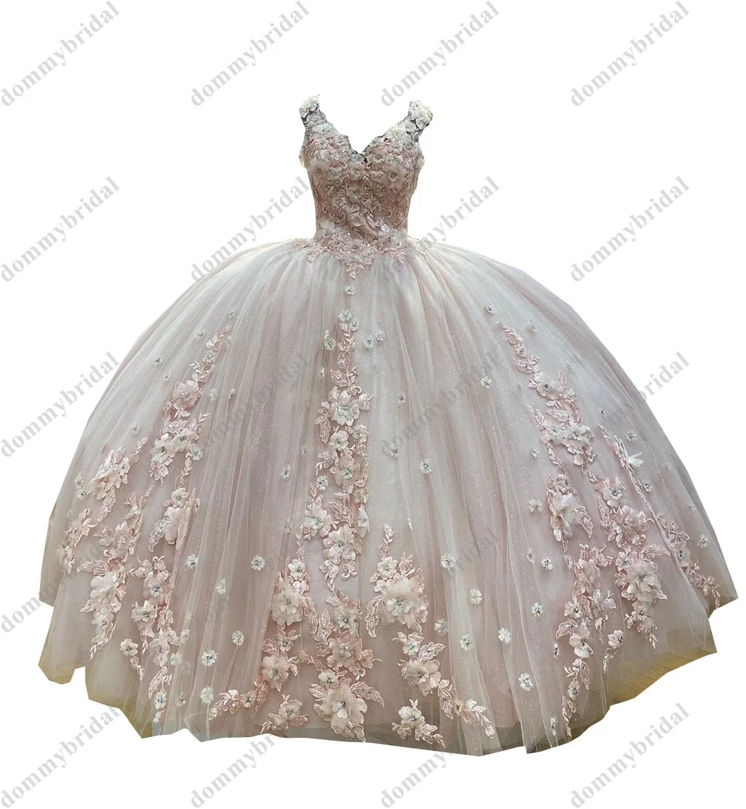 놀라운 블러쉬 핑크 브이 넥 Vestido 드 15 Anos 멕시코 2021 저렴한 Quinceanera 이브닝 드레스 볼 가운 3D 꽃 꽃 패턴