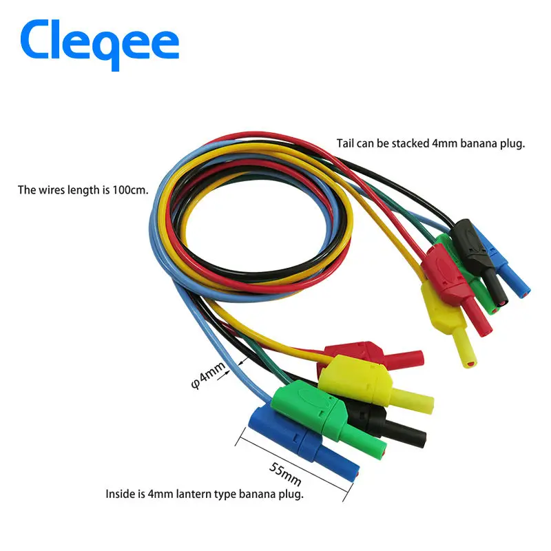 Cleqee P1050 5PCS Dual Safe Stackable 4mm Banana Plug Soft Test Lead Cable Double-ended for Digital Multimeter 1M