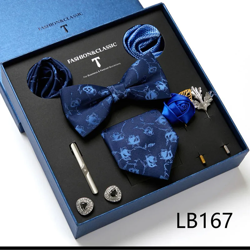 Hochwertige Geschenkbox für Feiertage, 7,5 cm, blaues Blumenmuster, Einstecktuch, Manschettenknöpfe, Krawattenclip, Krawatte für Herren, Geburtstagsgeschenk – Detail 5