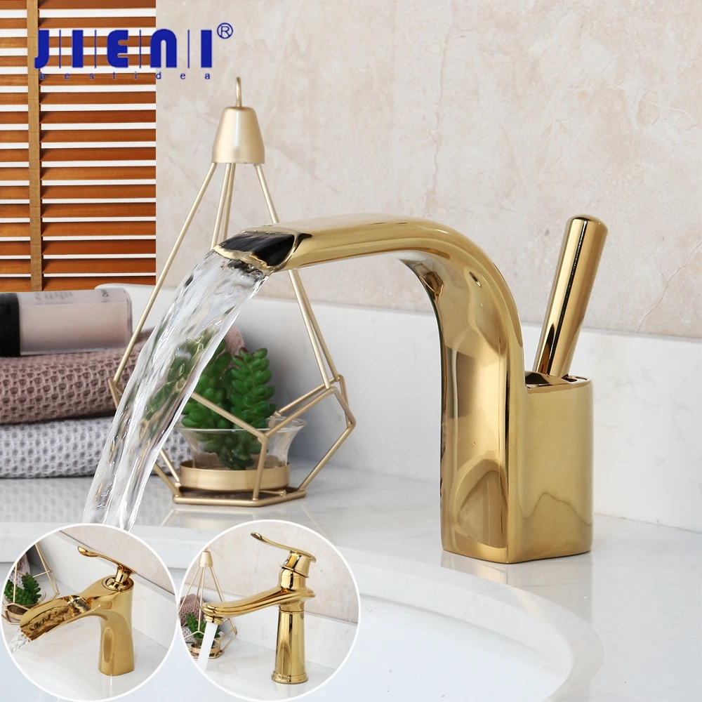 

JIENI Golden Polished Bathroom Basin Faucet Solid Brass Faucet Deck Mounted Vanity Mixer Tap Plumbing Fixture Stream Spout Tap