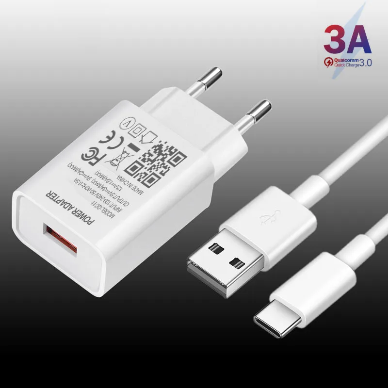 

QC 3.0 EU Plug Fast Phone Charger For Xiaomi 11 10 Ultra POCO F3 M3 X3 NFC M3 F2 Pro Redmi Note 10S 10 9 Type C Charger Cable