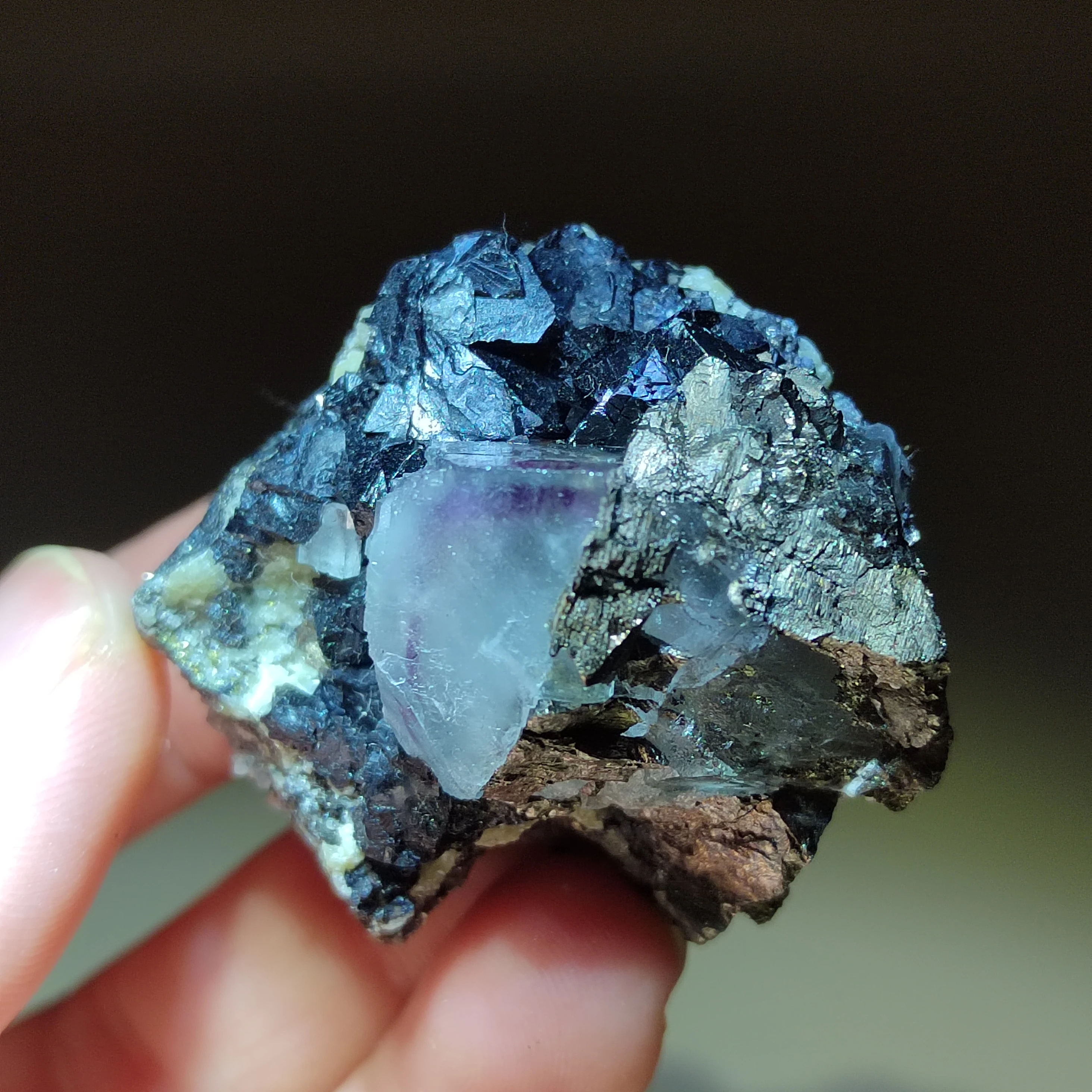 

49.7g Natural rare purple fluorite, wolframite, pyrite symbiotic mineral specimen healing stone, home decoration crystal gem