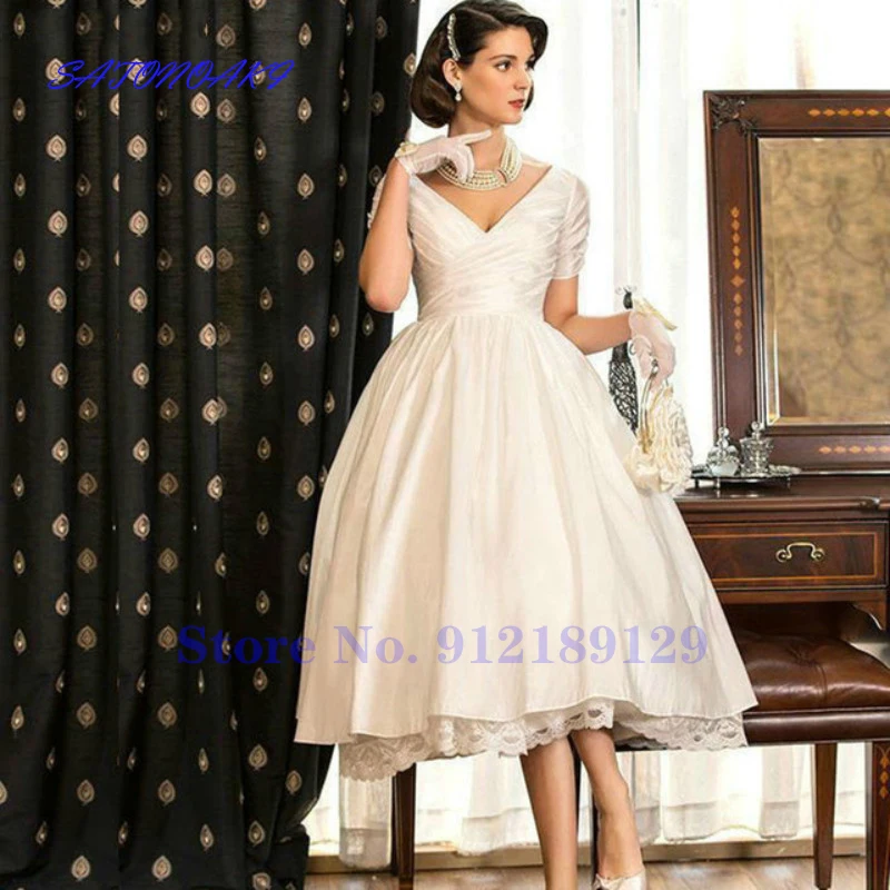 Vestido De Novia New Vintage A-Line Wedding Dress V-Neck Short Sleeve Tea Length Bridal Gown Robe De Mariée Sukienka Online Shop