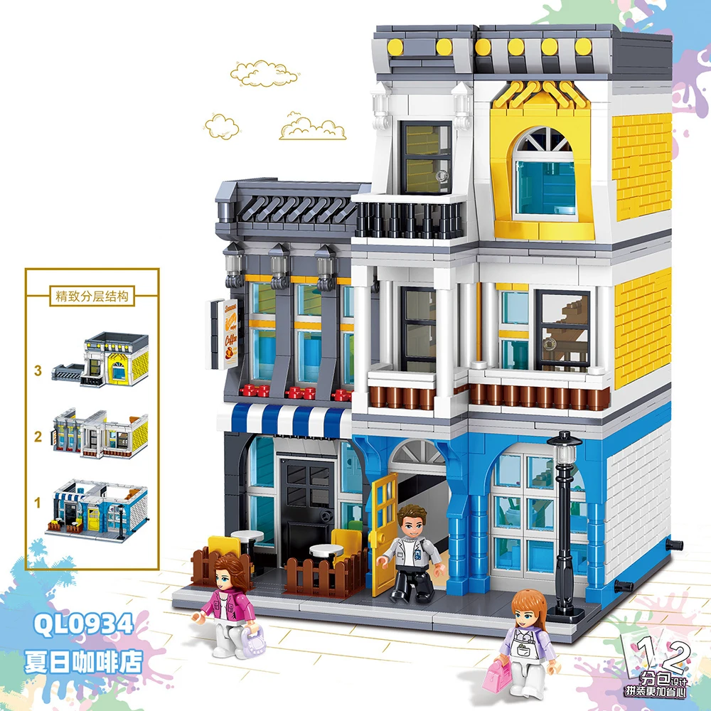 2021 City Creator Architecture Hotel Summer Coffee Shop Chinese Restaurant City Street View Building Blocks Toys for Children