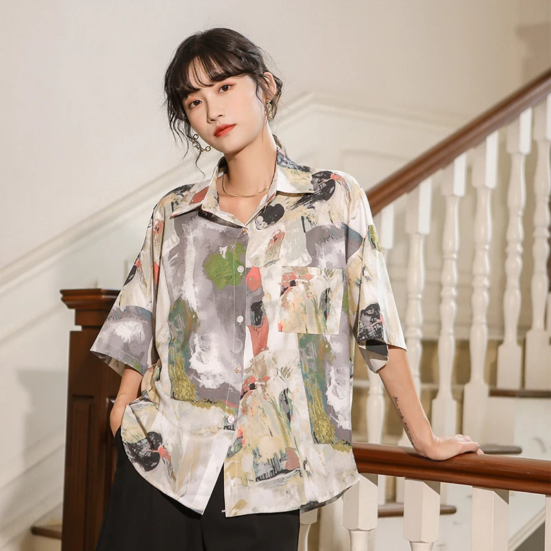 CHEERART Colored Drawing Short Sleeve Blouse Women Summer Top Button Up Loose Collared Shirt Casual Fashion 2020