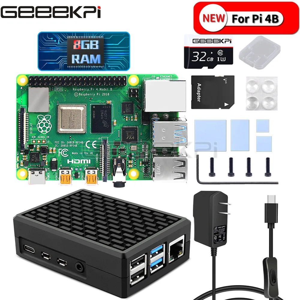 GeeekPi Schwarz Metall Fall Passive kühlung Aluminium Fall mit Kühlkörper Netzteil für Raspberry Pi 4B Pi 4 Modell B