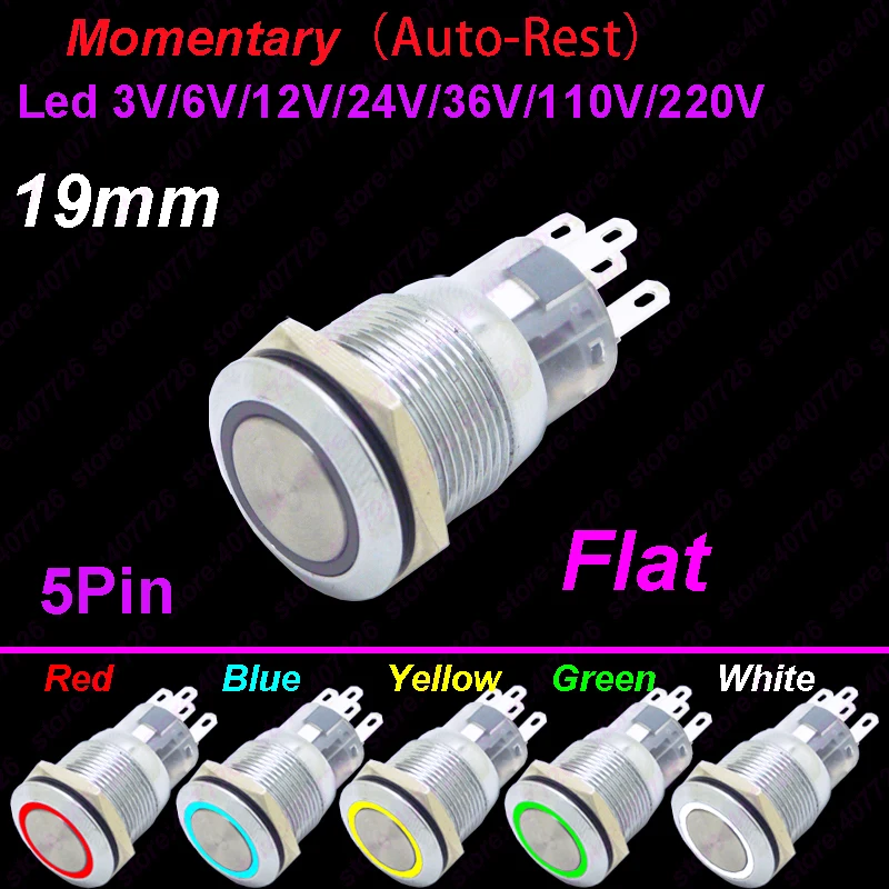 1PC 19MM Power Start Push Button With LED 12V/24V Momentary Auto Reset Ring Indication illuminated Car Dash Power Metal Switch