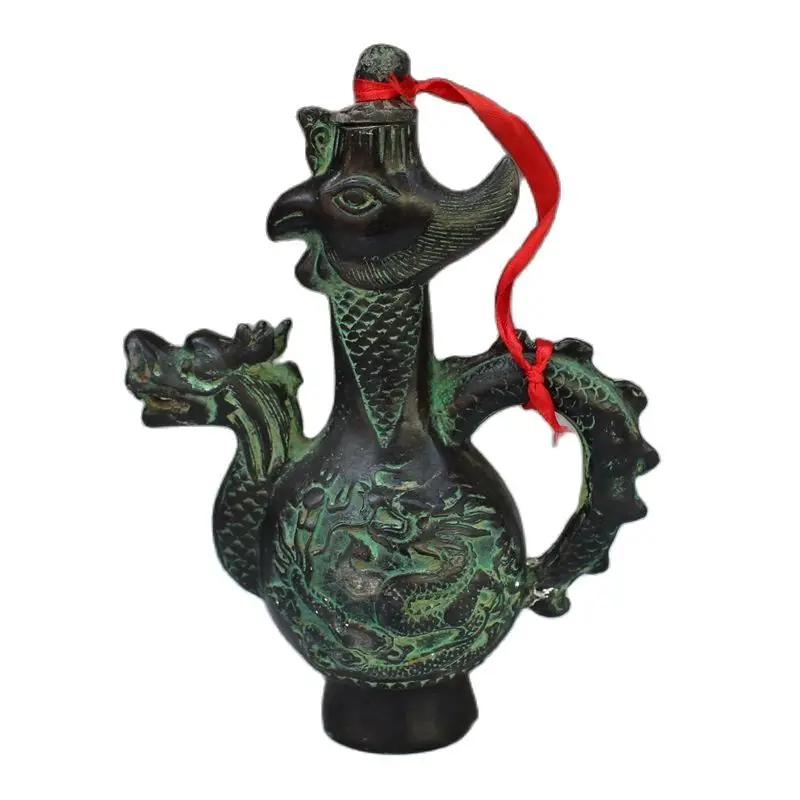 Fine Chinese Old Copper Bronze Dragon And Phoenix Wine Pot