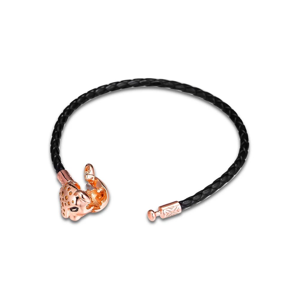 BLACK LEATHER BRACELET WITH ROSE LIONESS CLASP For Woman DIY Beads & Charms Sterling Silver Fashion Jewelry Bracelets