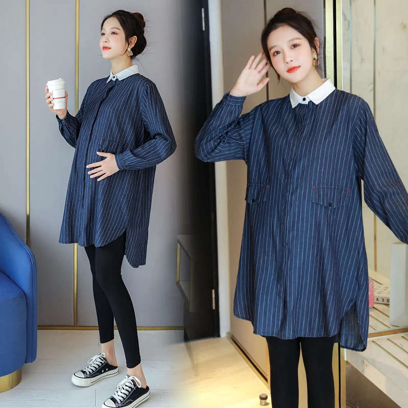 266# 2024 Autumn Korean Fashion Denim Maternity Blouse A Line Loose Long Sleeve Shirts Clothes for Pregnant Women Pregnancy Tops