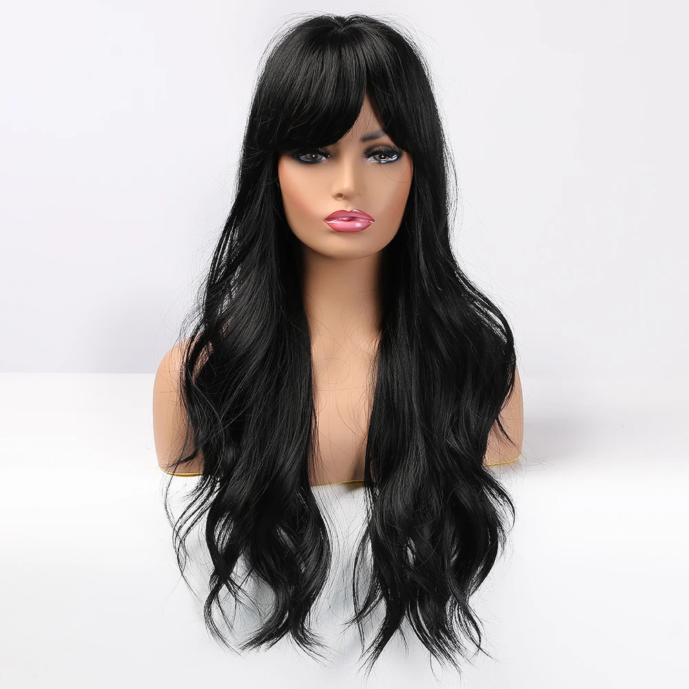 EASIHAIR Long Black Wavy Wigs with Bangs Water Wave Synthetic Wigs for Women Natural Hair Wigs Heat Resistant Black Hair Wig