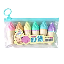 6pcs Cute Mini Highlighter Pen Kawaii Cartoon Ice Cream Shape Fluorescent Marker Pens School Office Stationery