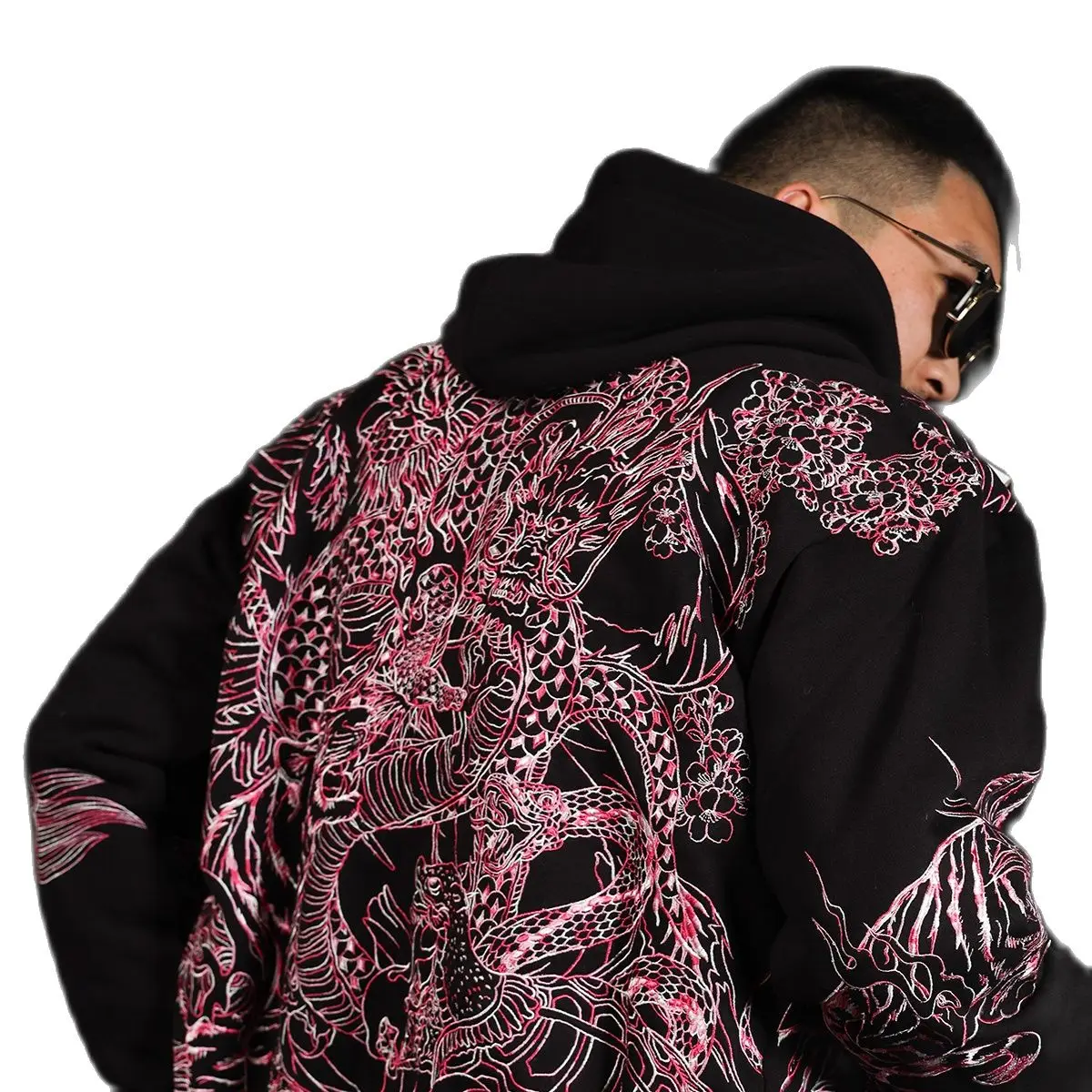 High Street Pink Gold Dragon Embroidery Heavy Work Hooded Cardigan Coats Sukajan Souvenir Jacket Streetwear All-Match Men Boys