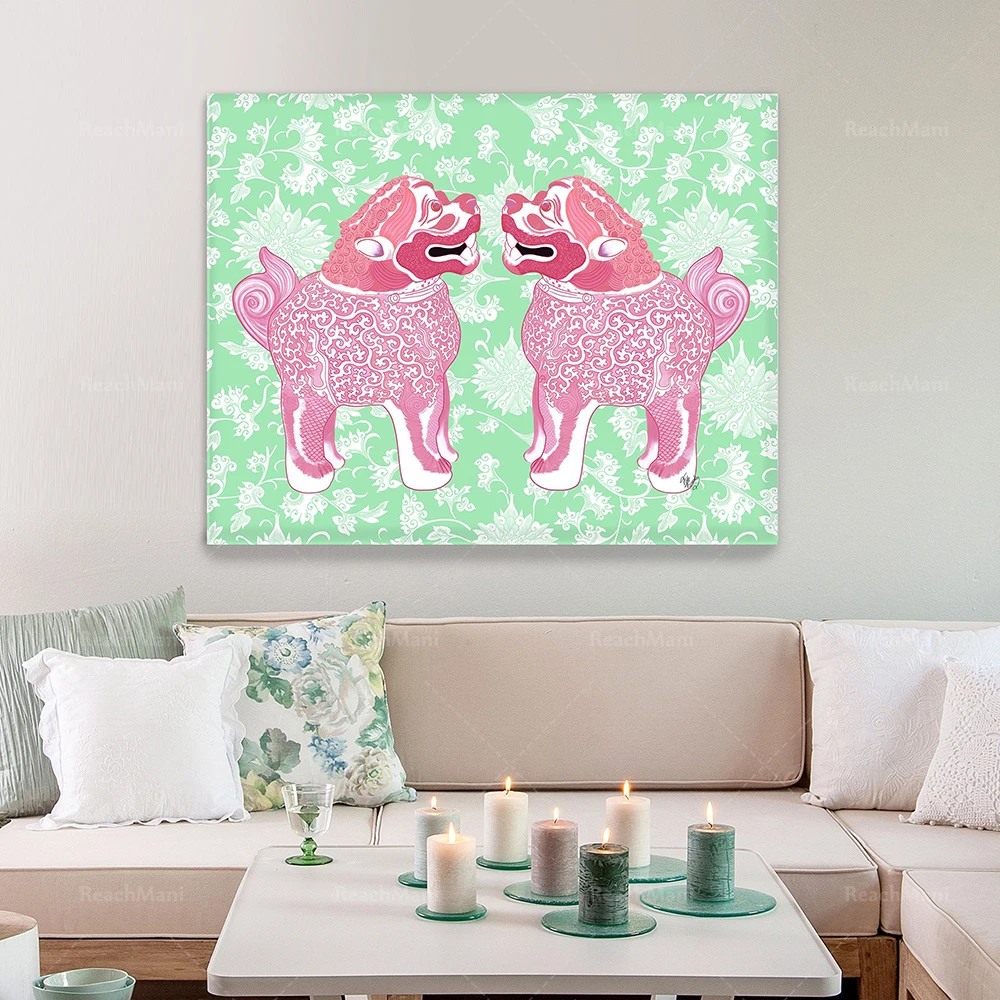 Lucky Foo dog gift, Feng Shui decor, Zen art print, Chinoiserie decor, Chinese decor, Lion dogs wall art, Oriental home decor, C