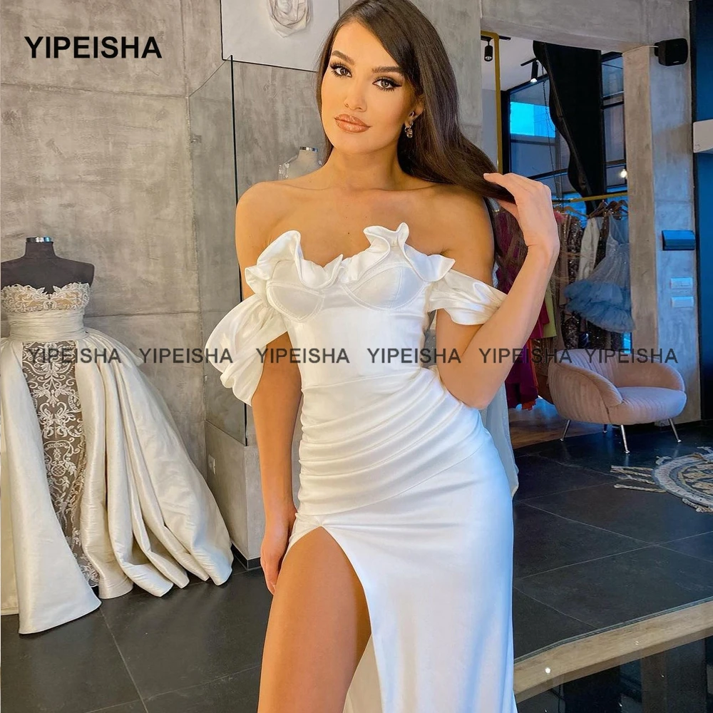 Yipeisha – robe de soirée de forme sirène, tenue de soirée blanche en Satin, épaules dénudées, fente latérale, longue, 2021