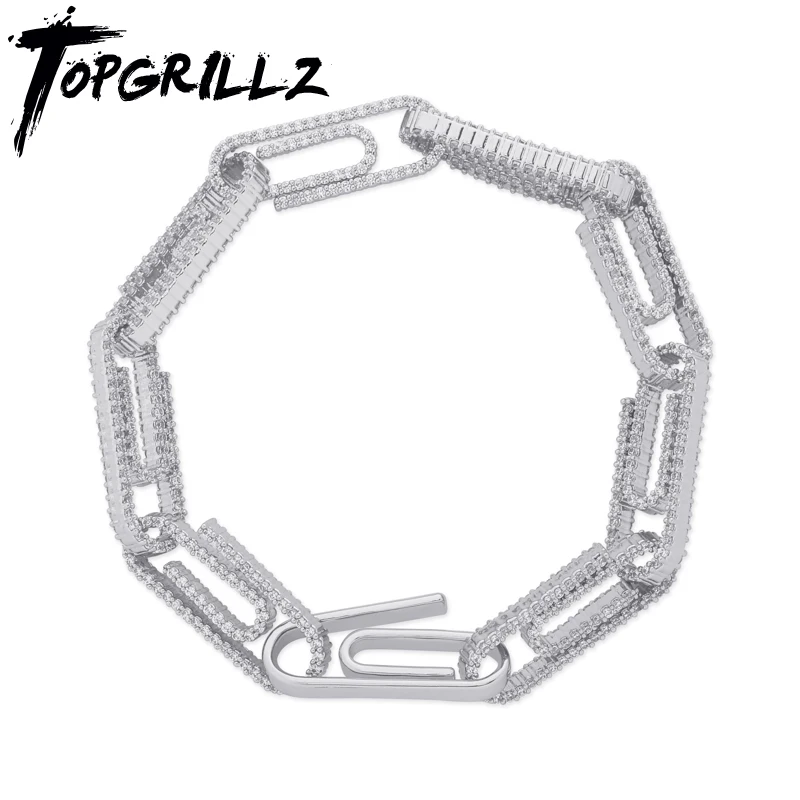 TOPGRILLZ 10mm Paper Clip Iced Out Cubic Zircon Bracelet Gold Silver Plated Personality Hip Hop Rock Jewelry For Men Women