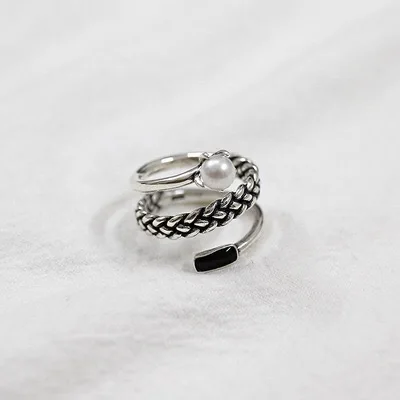 Real 925 sterling silver rings for women pearl chain black zircon Trendy fine Jewelry Large Adjustable Antique Rings Anillos