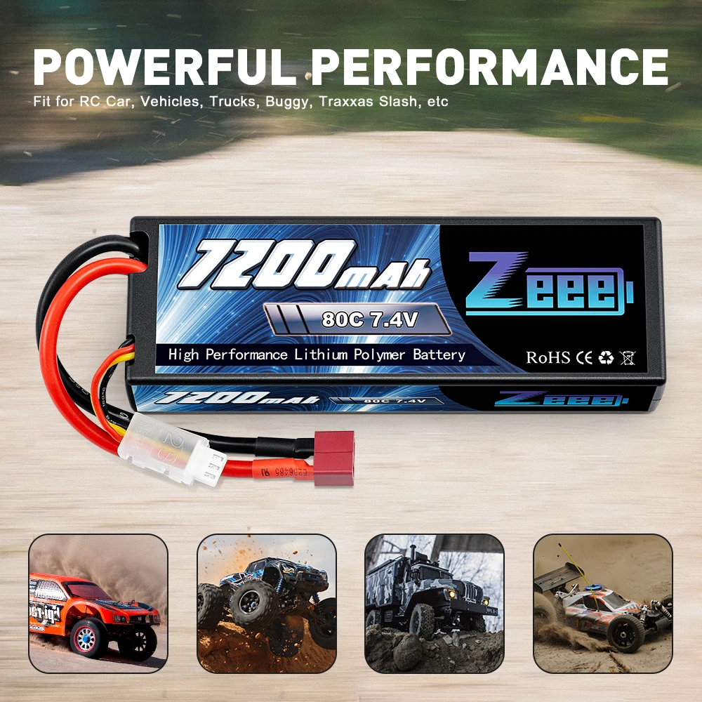 Zeee-rc車、トラック、バギー車、ロッシスラッシュ、ヘリコプター、rcレースモデルパーツ、2s、7200mah、7.4v、80c用のチタンプラグ付きLiPoバッテリー