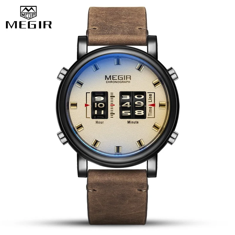 MEGIR-Montre à quartz en cuir pour homme, design à roulettes, étanche, décontracté, sport, affaires, mode