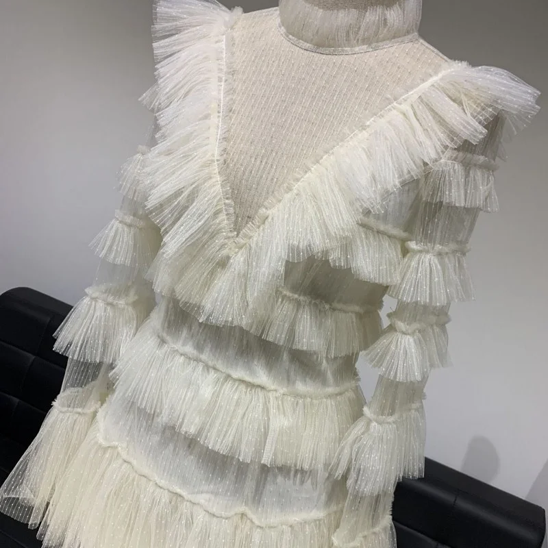 

Brand New Sweet Style Lace Mesh Patchwork Cupcake Women Dress Fashion Turtleneck V-Neck Sexy See Through Flare Sleeve Mini Dress