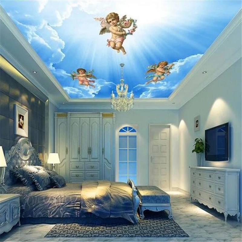 Custom wallpaper 3d fantasy beautiful angel blue sky and white clouds ceiling mural living room bedroom restaurant background