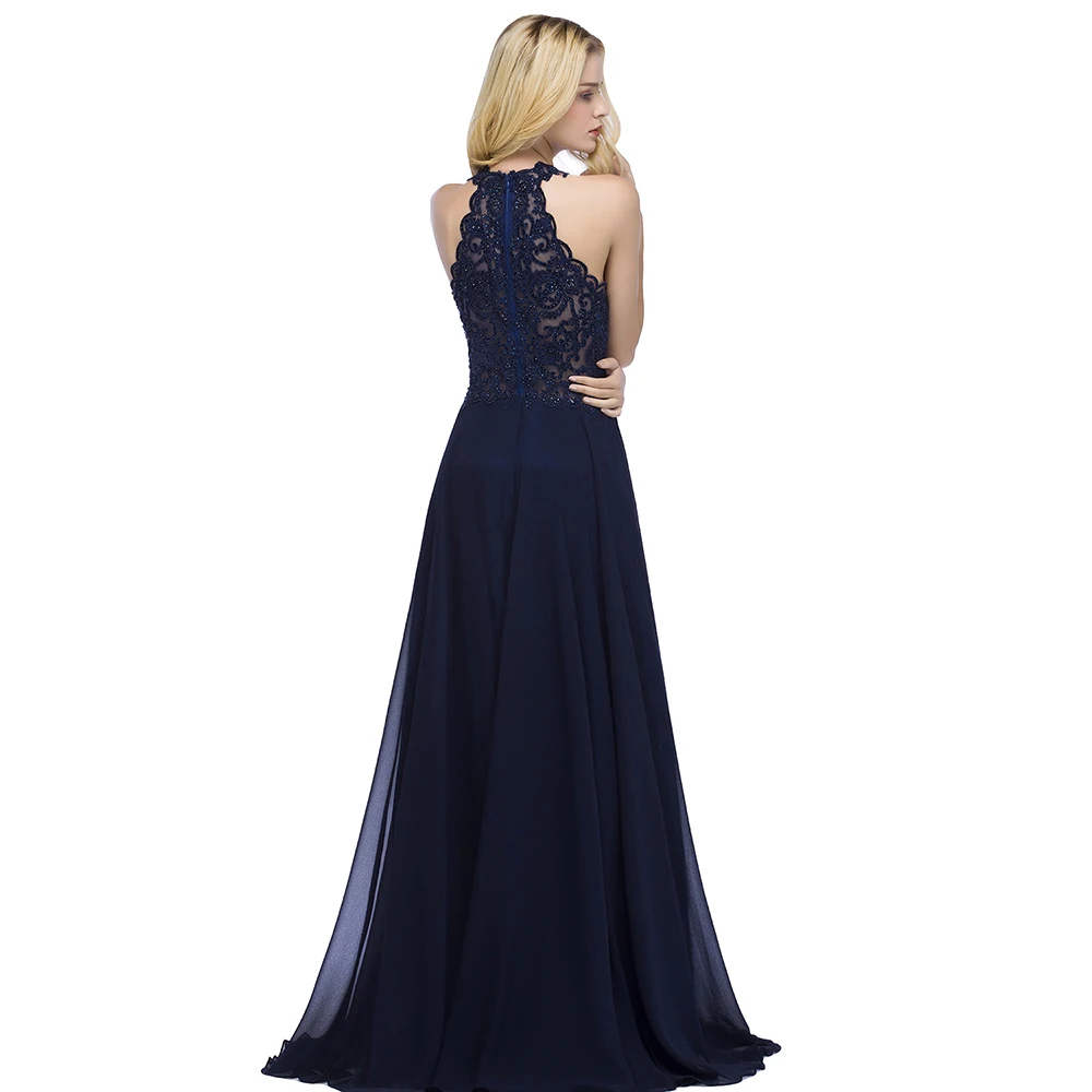 Robe de Demoiselle d\'Honneur en Mousseline de Soie Bordeaux Marine, Longue, Col Licou, Ligne A, pour Invité de ixde Mariage, Perles