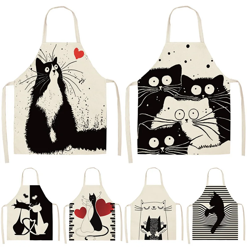 Black Cute Cat Printed Kitchen Cooking Baking Aprons 53*65cm Sleeveless Cotton Linen For Women Man Home Delantal Cocina 46307