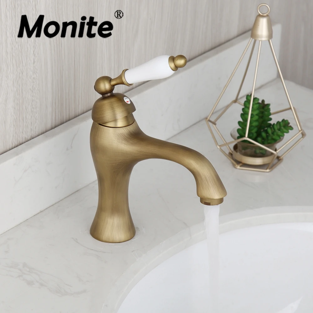 Monite Antique Brass Bathroom Sink Faucet Small Basin Mixer Tap Solid Brass Ceramics Deck Mounted Retro Porcelain Handle Faucets