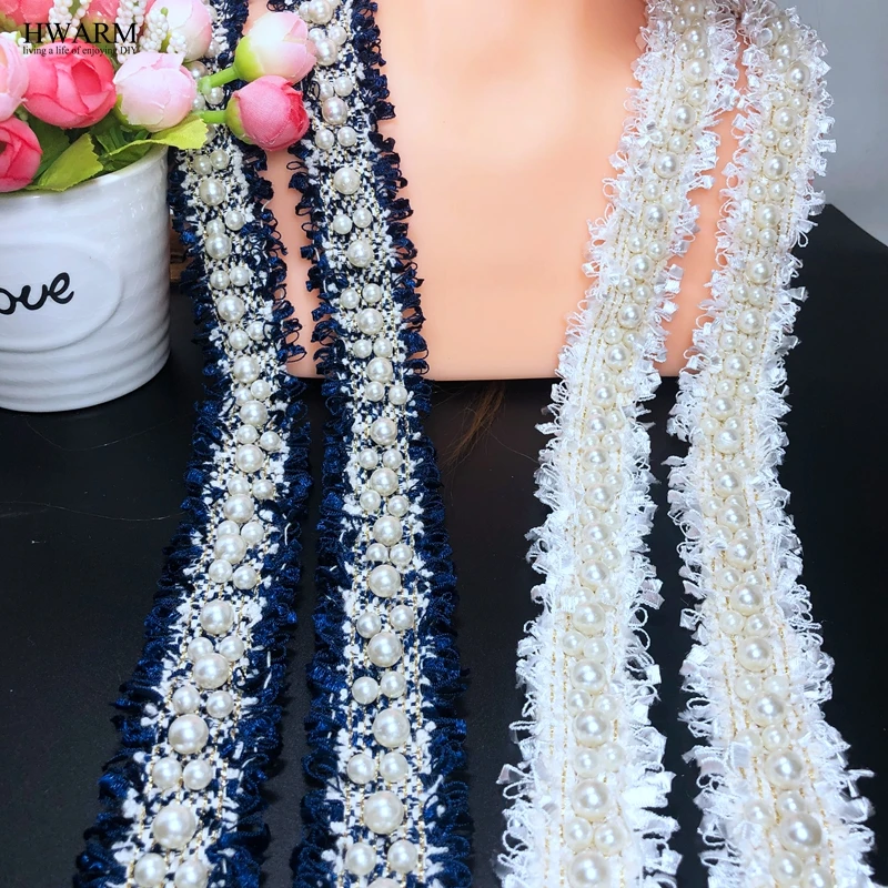 HWARM 5yard 3cm White Pearl lace fabric arts craft sewing fabric nail bead lace DIY manual accessory lace hair ornament bow