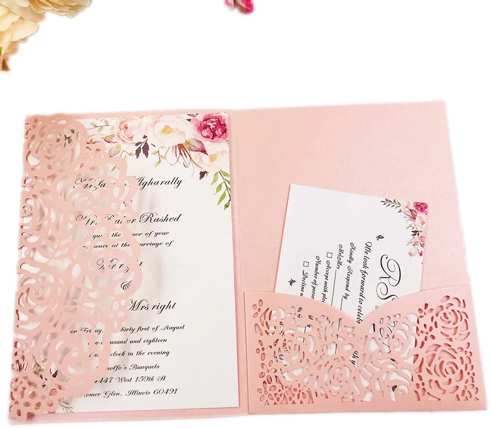 1pcs Blush Pink Burgundy Navy Blue Rose Gold Purple floral Tri-fold Laser Cut Pocket Wedding Invitation Card Invite Envelopes