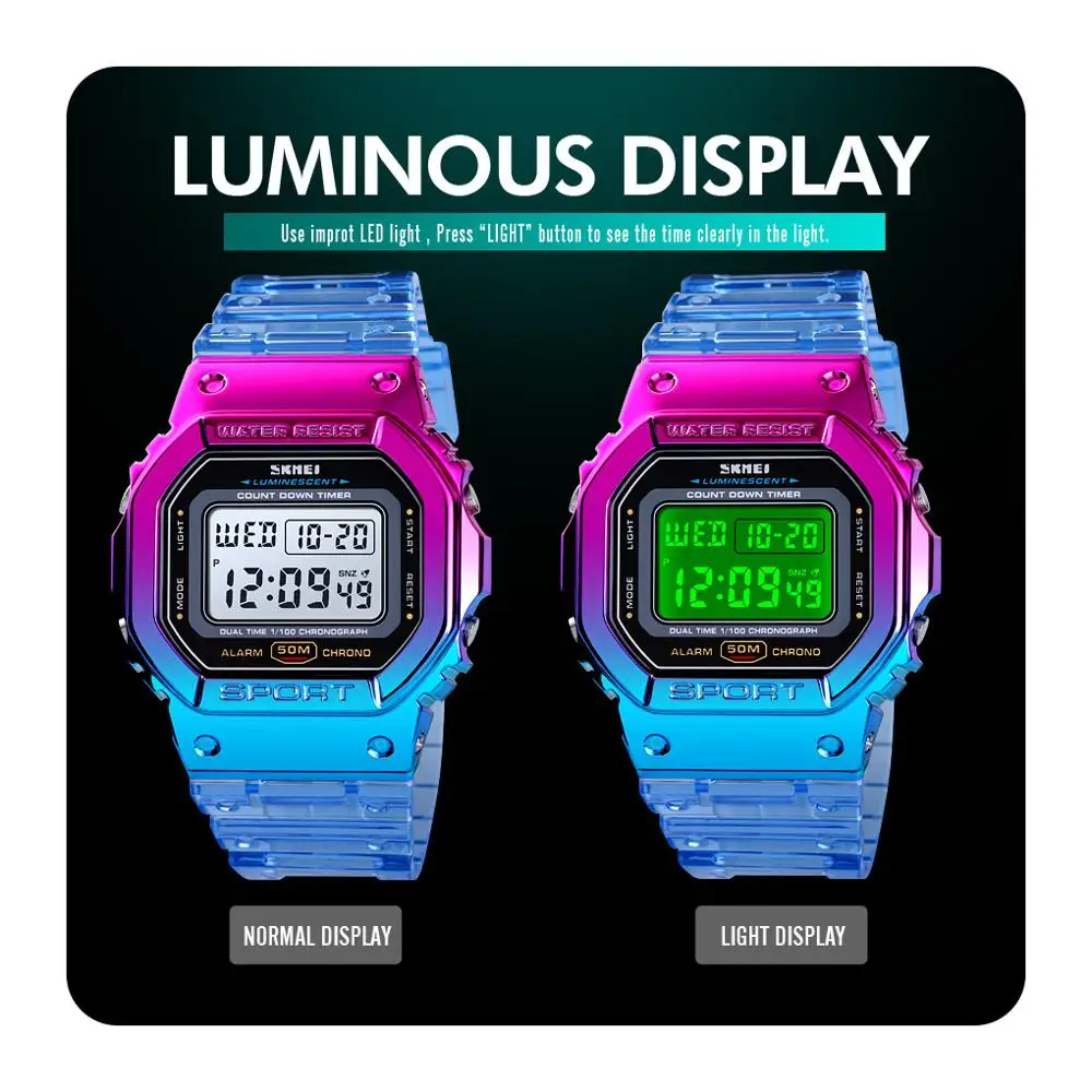 SKMEI Fashion Colorful Watch Men Women Fashion Transparent Sports Wrist Watches Casual Waterproof Cold Light Stopwatch