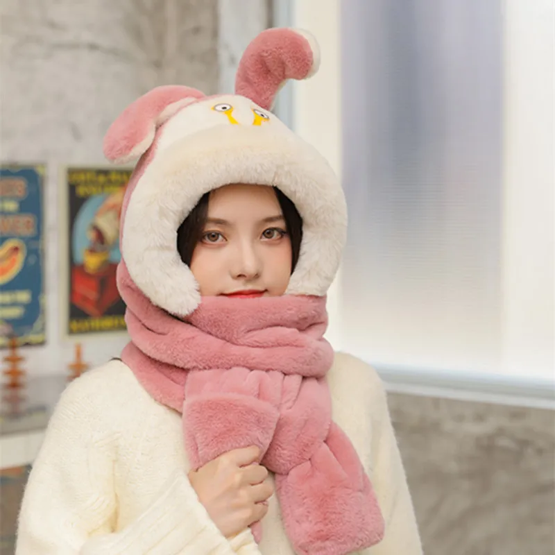 Chapeau de lapin avec oreilles mobiles pour femme, jouet de dessin animé mignon, écharpe amusante, bonnet en peluche de lapin, cadeau d'anniversaire, hiver, 3 en 1