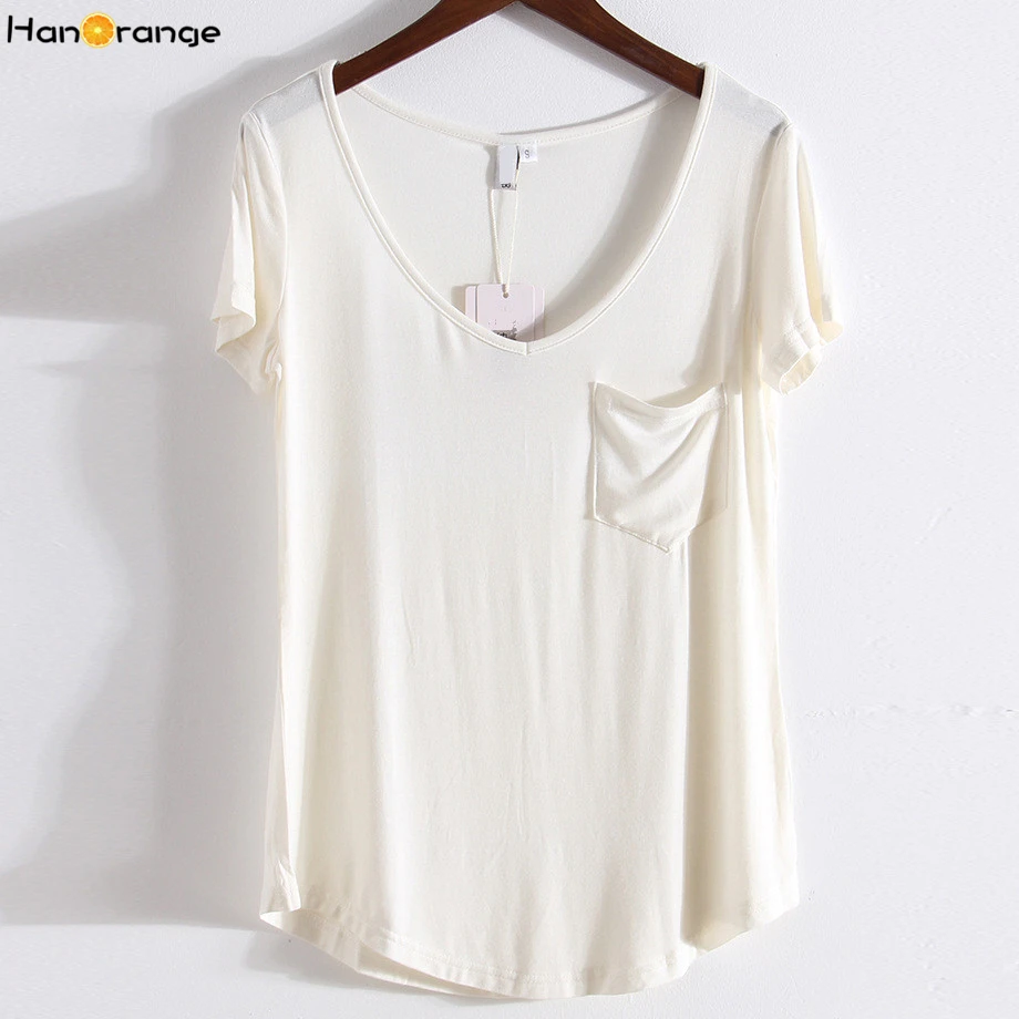 HanOrange Modal Pocket Summer Short Sleeve Loose Women V-neck Pure Color Soft T-shirt Black/Gray/White/Beige