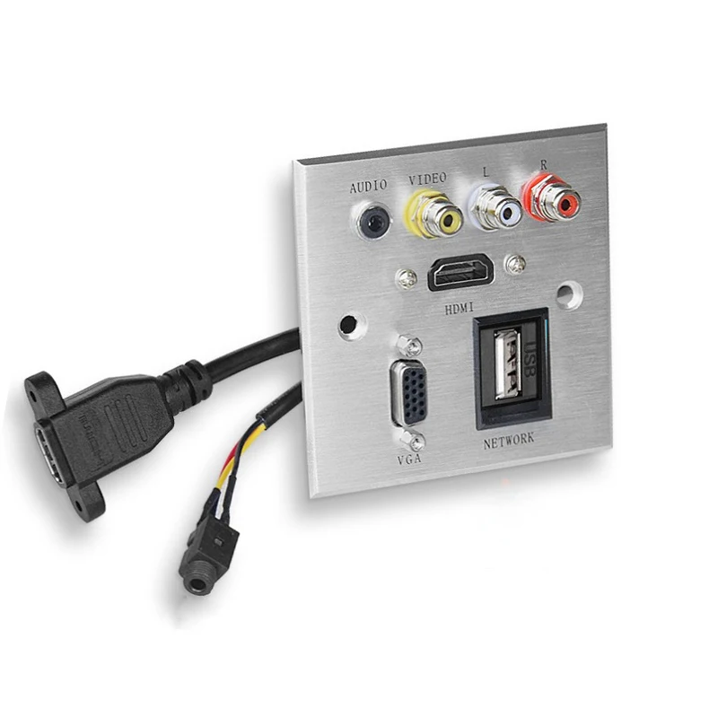 Multimedia Wall Socket 86*86mm Aluminum Alloy Panel With 3.5mm Jack VGA USB Video FL FR HDMI-compatible Socket Adapter