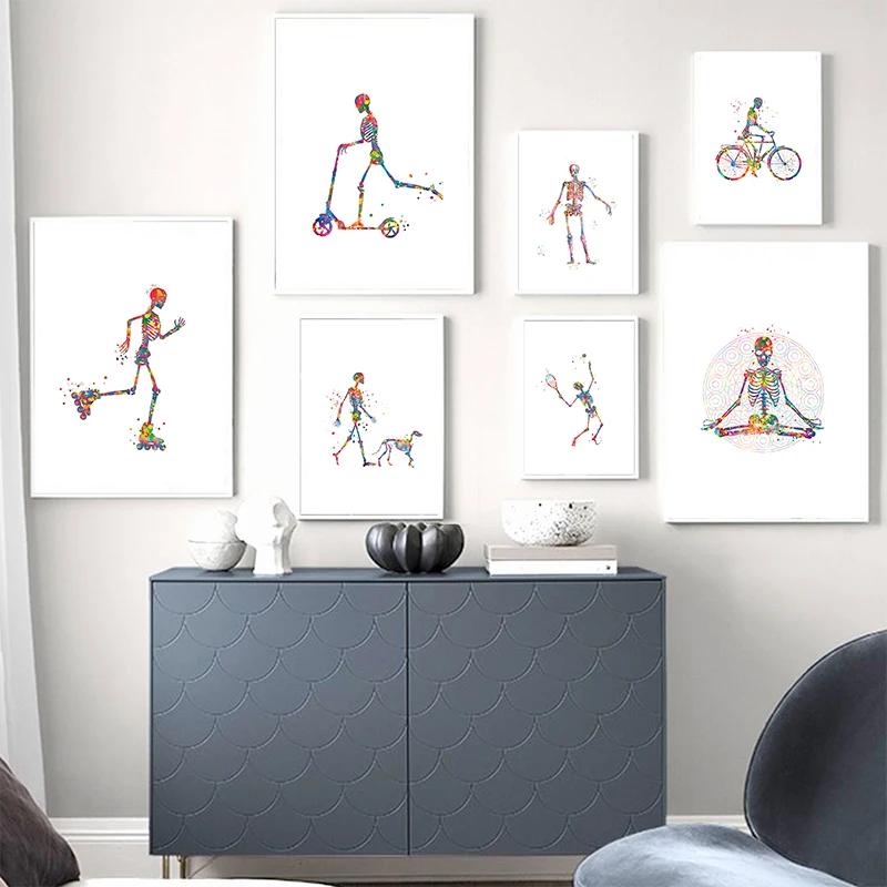 Skeleton watercolor print abstract medical art poster illustration for medical office decoration anatomy print science art