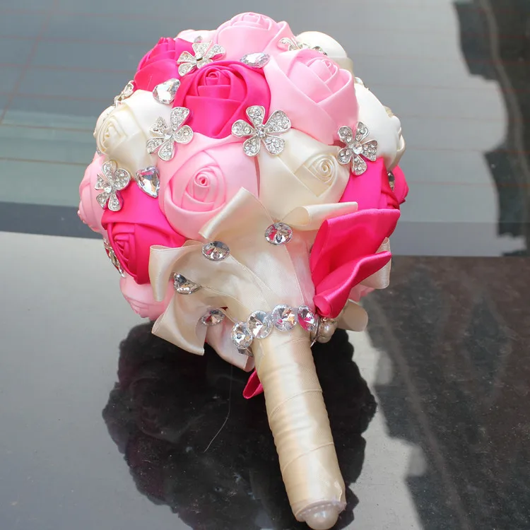 Newest cream and pink  Wedding Hand made Flower pearl Bridesmaid Crystal Bridal Wedding Bouquet