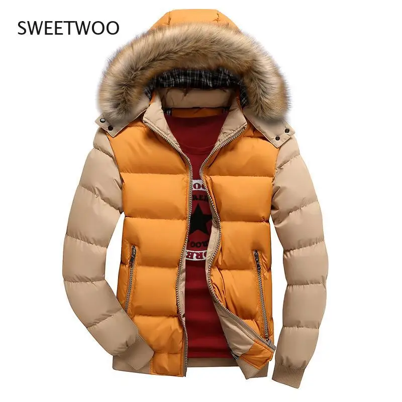 Chaqueta de plumón con capucha para hombre, abrigo informal, Parka de piel cálida, chaquetas con cremallera de lana gruesa sólida, invierno, nuevo