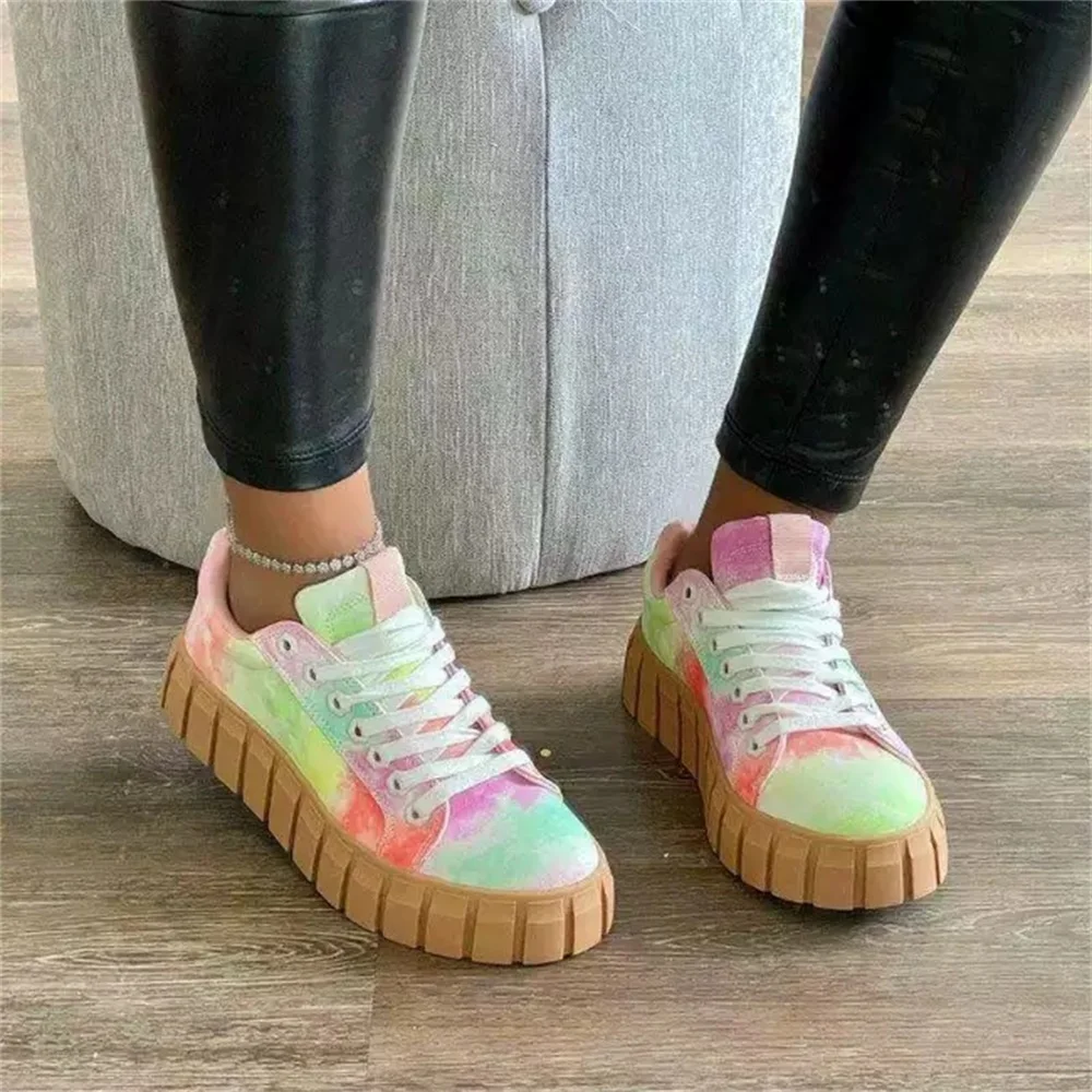 Women\'s Multi Color Sneakers 2024 New All Season Thick Bottom Ladies Lace Up Comfy Vulcanized Shoes Fashion Large-Sized Flats