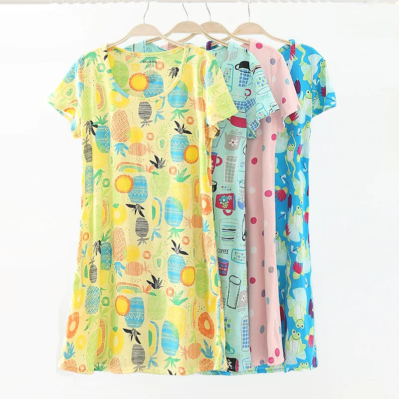 

2024 Летняя женская Повседневная Ночная рубашка с мультяшным принтом, Женская хлопковая ночная рубашка, женская летняя рубашка с коротким рукавом и круглым вырезом