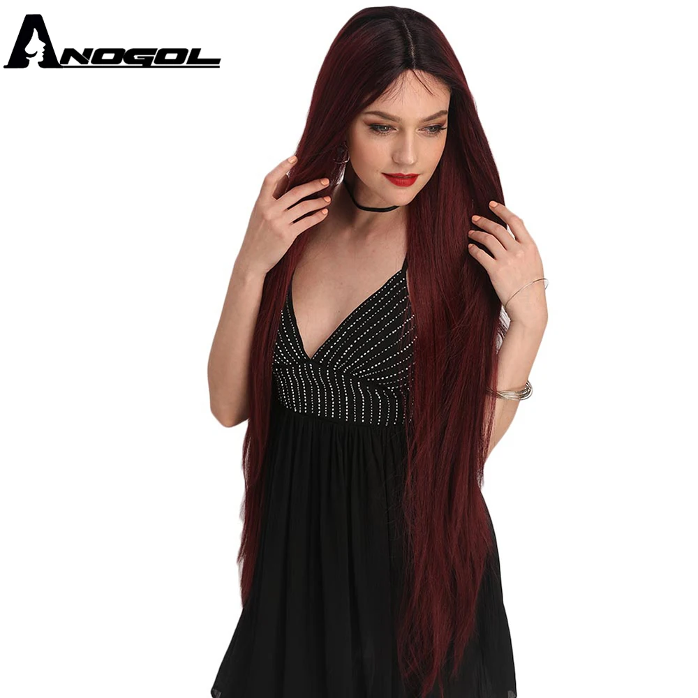 ANOGOL 40Inch Lace Front Wig Long Straight Platinum Blonde 613 Burgundy Red Heat Resistant Synthetic Hair for Balck Girl