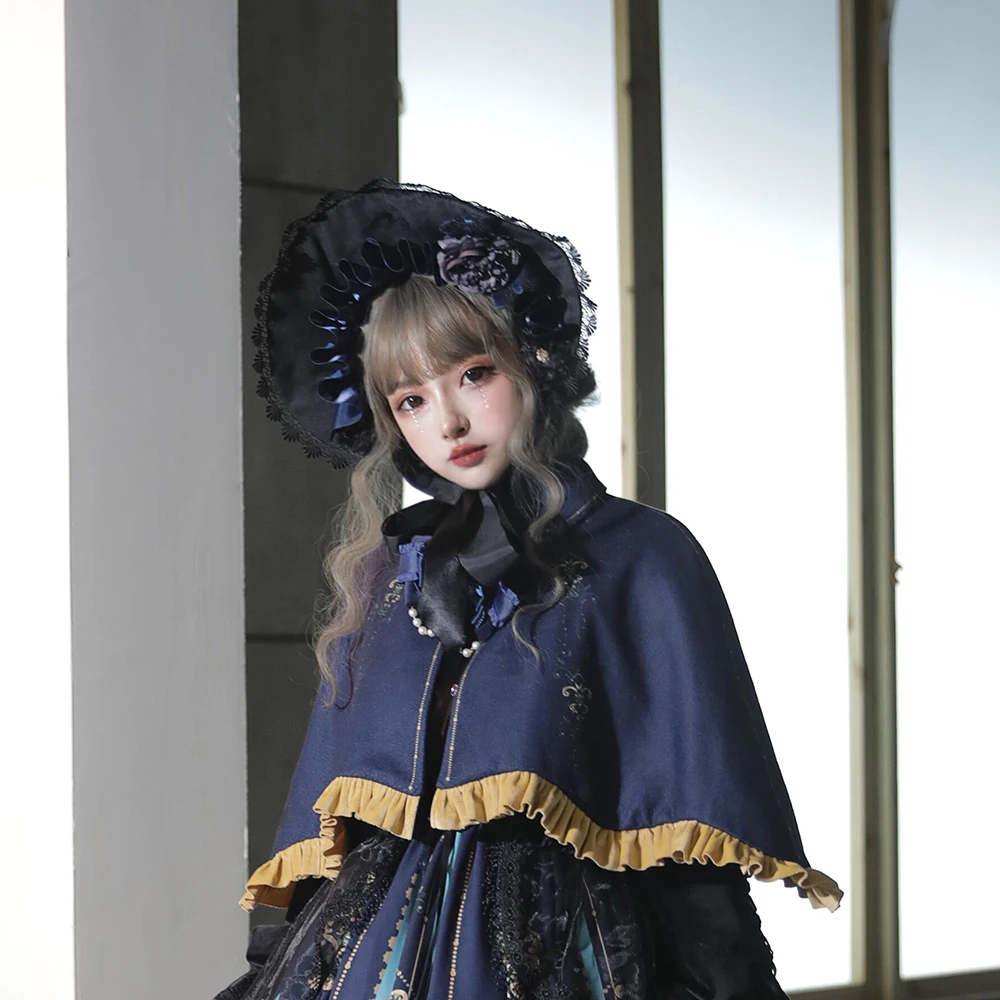 Melonshow Gothic Lolita Cape Women Vintage Coat Blue Autumn Spring Cloak Short Goth Tops Girls Outerwear Shawl Poncho