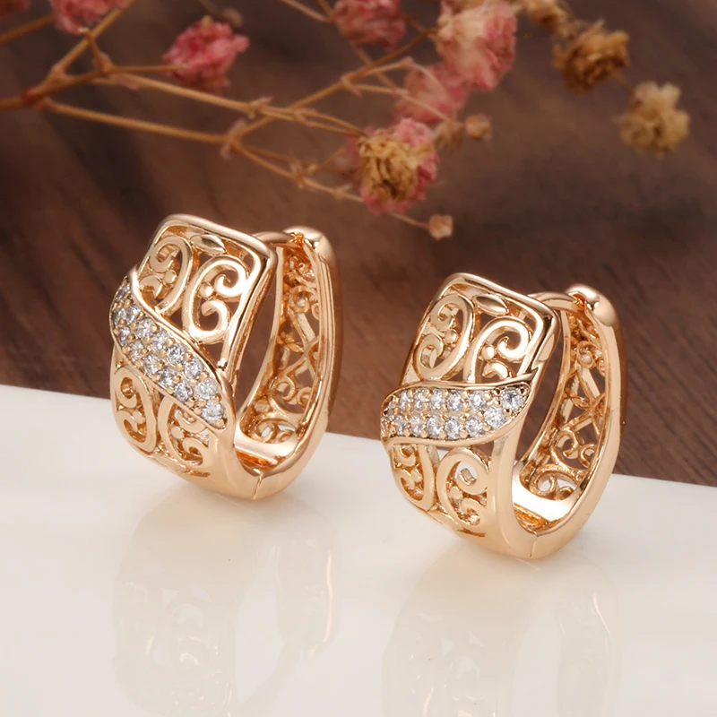 Wbmqda Hot Natural Zircon Big Ring Earring Sets 585 Rose Gold Ethnic Wedding Fine Crystal Flower Rings for Women Vintage Jewelry