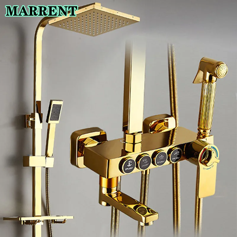 

Gold Thermostatic Shower Faucet Set Rainfall Bathtub Tap with Bathroom Shelf Water Flow Produces Electricity Brass Shower Set