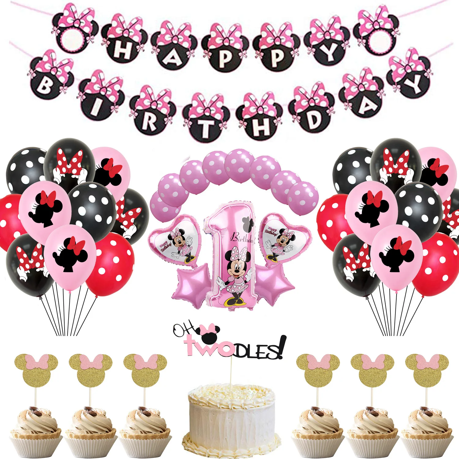 

Disney Minnie mouse Happy Birthday Cake Topper and Banners Kids 1 year old Girls favor minnie mouse Themed Birthday Party Decor